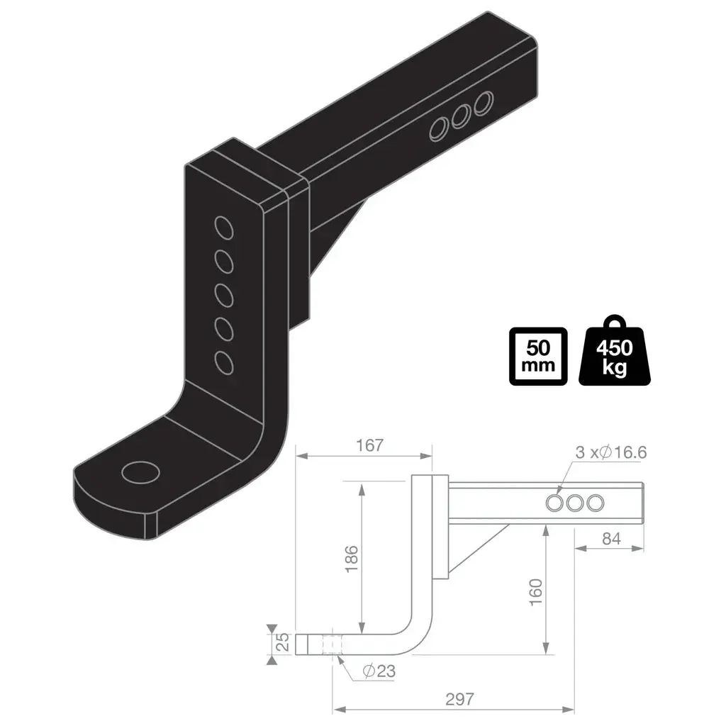 Tag Adjustable Tow Ball Mount - 297Mm Long, 90° Face, 50Mm Square Hitch 1