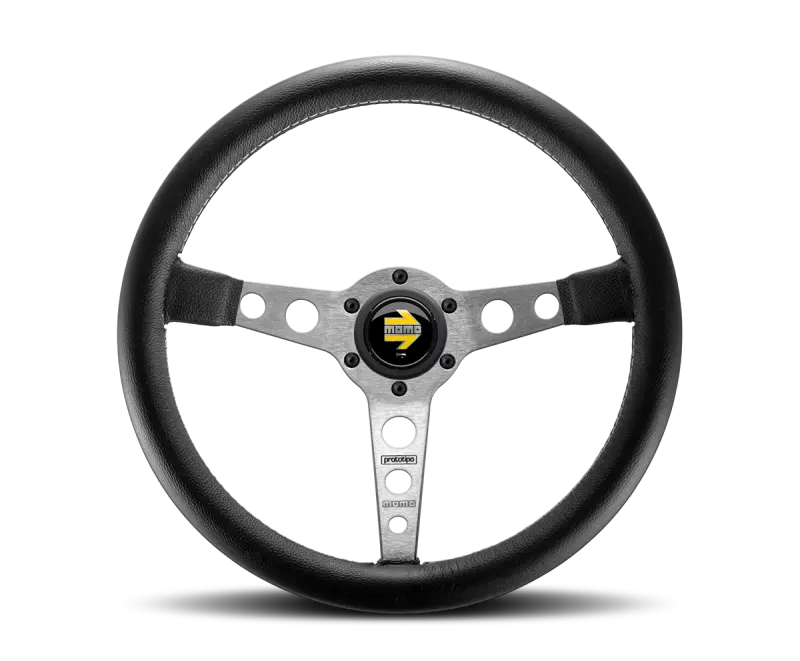 Momo Prototipo Steering Wheel – 350Mm Diameter, Black Leather With White Stitching And Brushed Aluminum Spokes 1